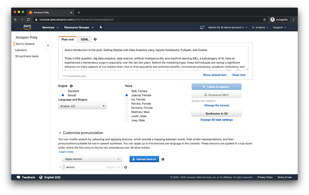 screenshot of Amazon Polly